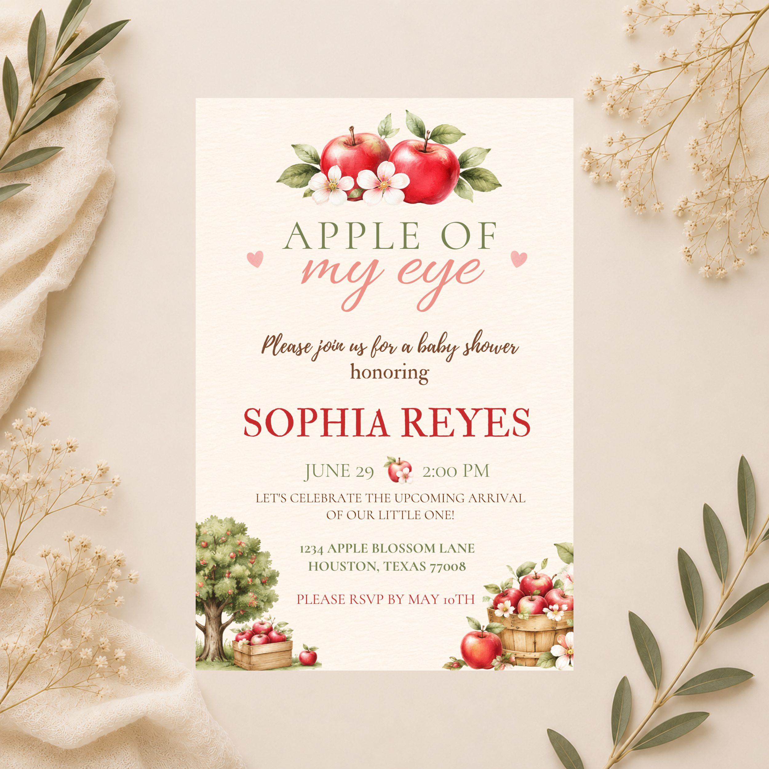 Apple Of My Eye Baby Shower Invitation | Editable Canva Template