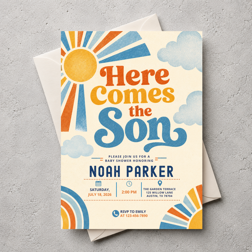 Here Comes the Son Invitation | Editable Canva Template