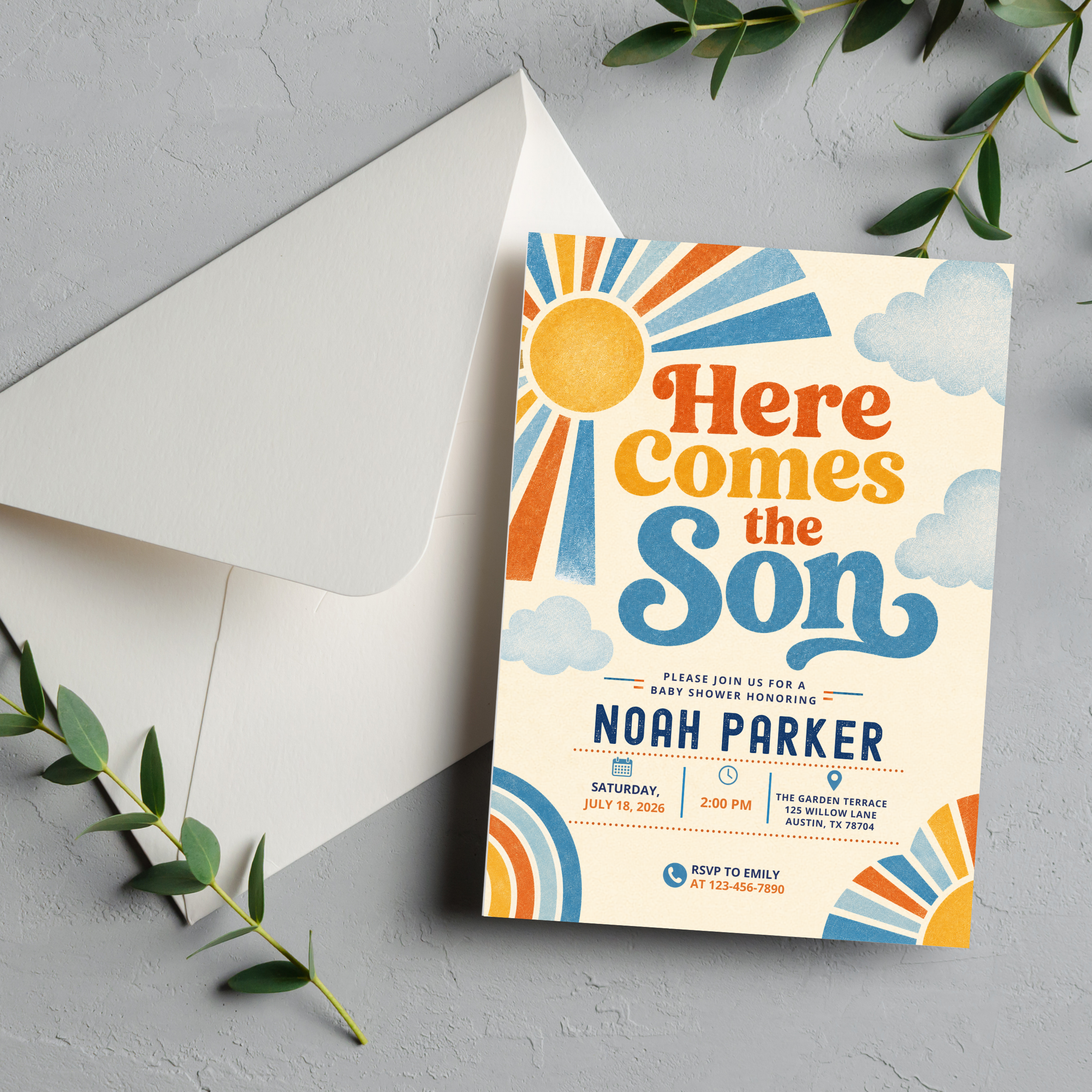 Here Comes the Son Invitation | Editable Canva Template