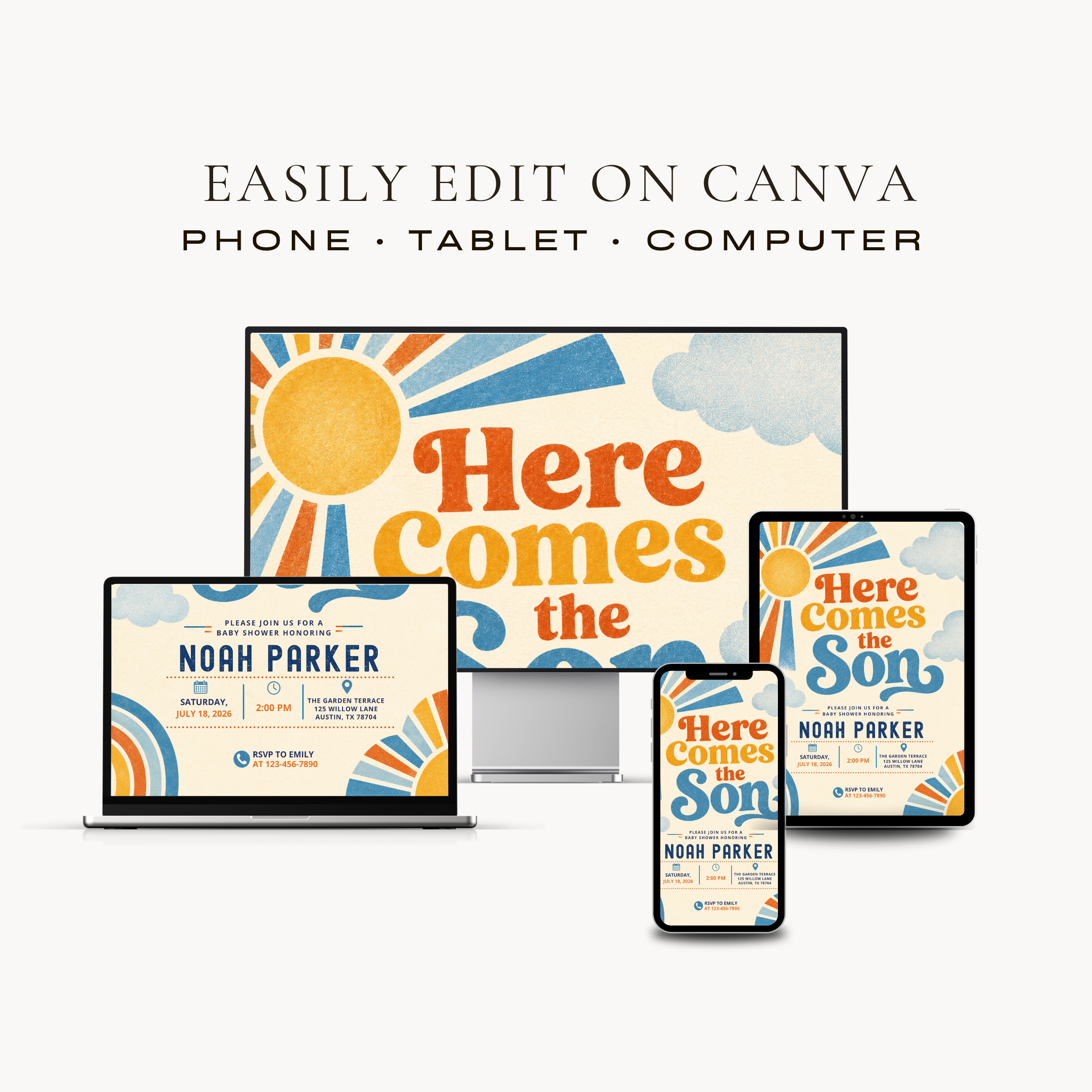 Here Comes the Son Invitation | Editable Canva Template