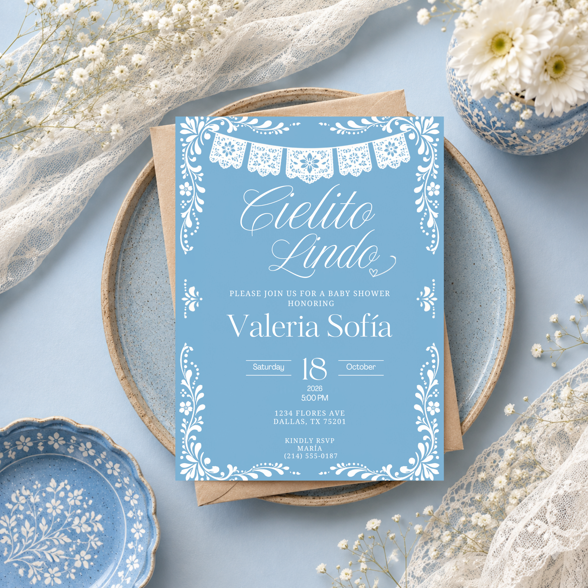 Blue Cielito Lindo Baby Shower Invitation | English & Spanish Editable Canva Template