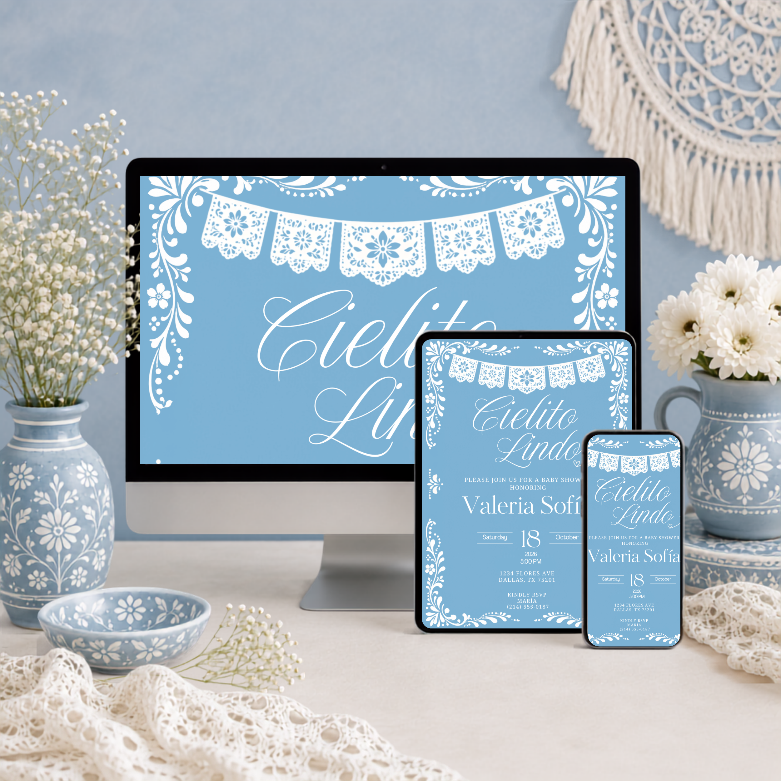 Blue Cielito Lindo Baby Shower Invitation | English & Spanish Editable Canva Template