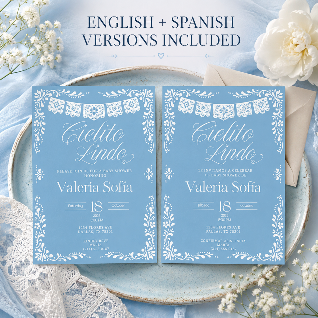 Blue Cielito Lindo Baby Shower Invitation | English & Spanish Editable Canva Template