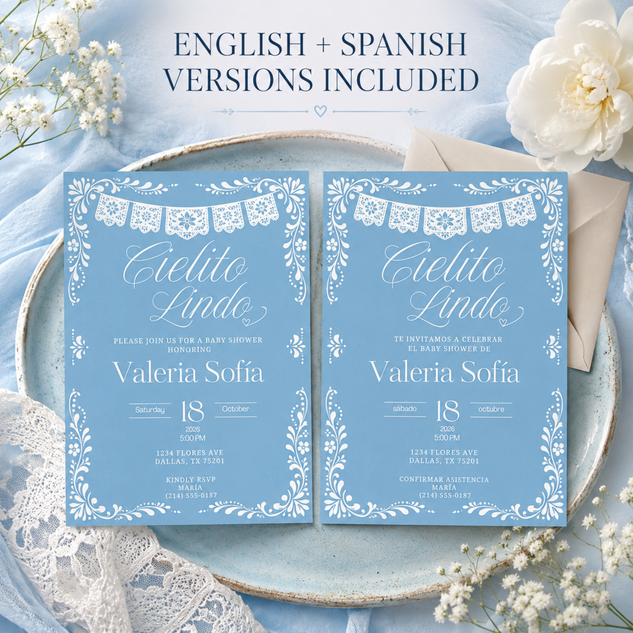 Blue Cielito Lindo Baby Shower Invitation | English & Spanish Editable Canva Template