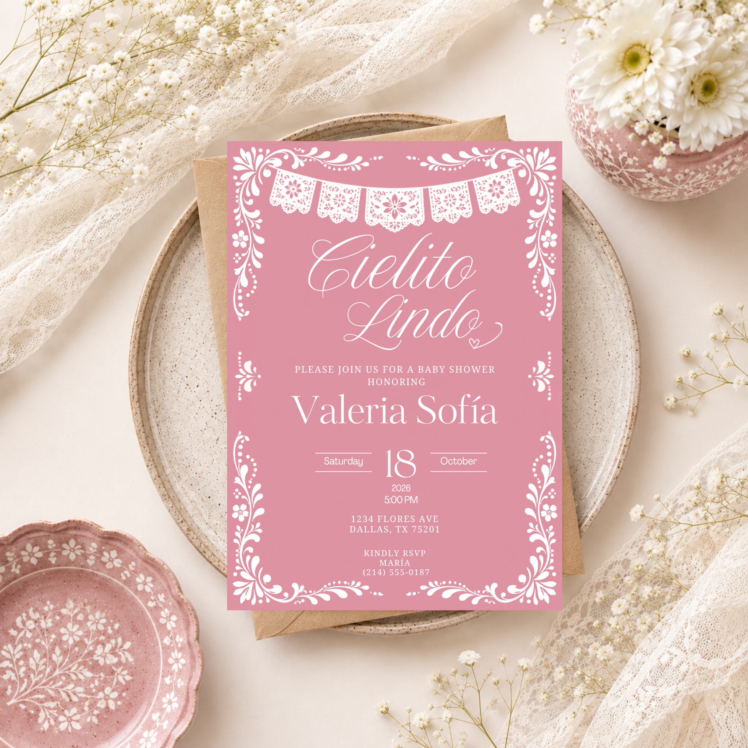 Pink Cielito Lindo Birthday Invitation | English & Spanish Editable Canva Template