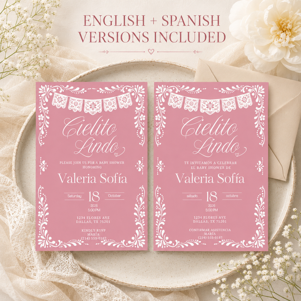 Pink Cielito Lindo Birthday Invitation | English & Spanish Editable Canva Template