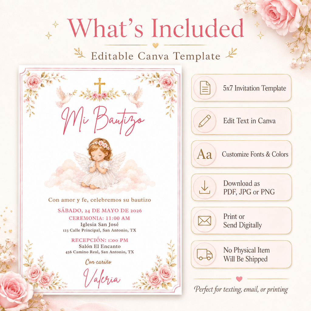 Mi Bautizo Girl Baptism Invitation | Editable Canva Template