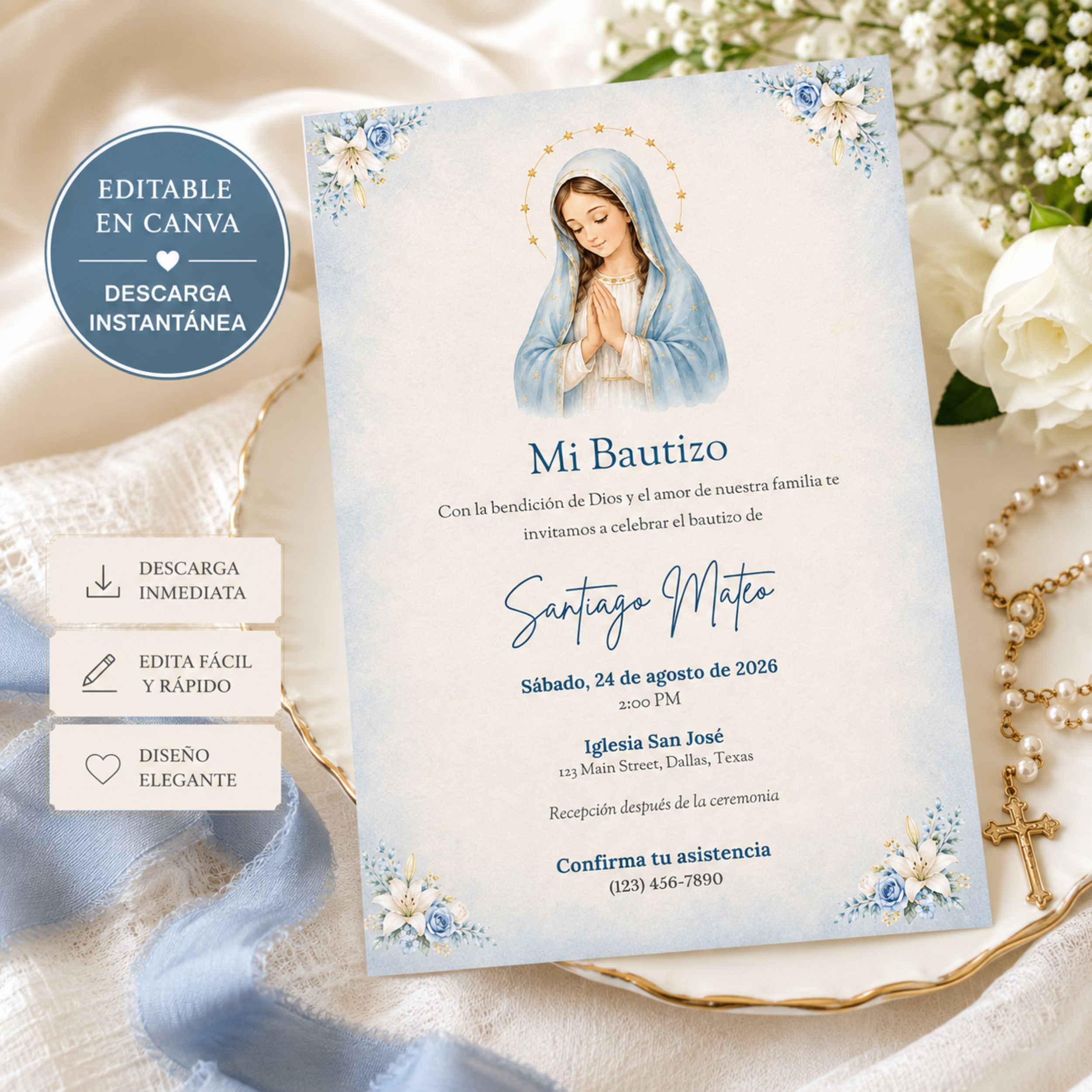 Mi Bautizo Boy Baptism Invitation | Editable Canva Template