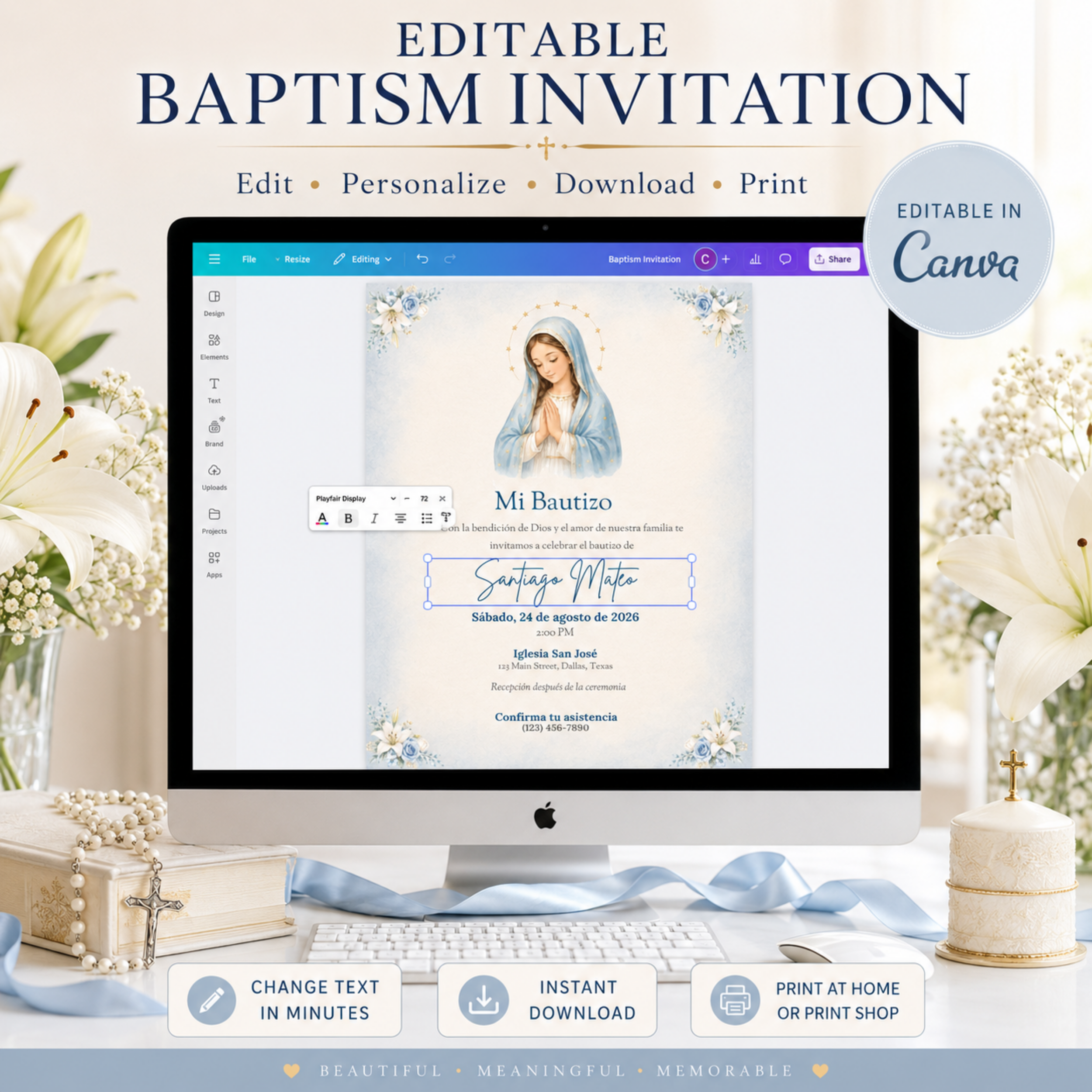 Mi Bautizo Boy Baptism Invitation | Editable Canva Template