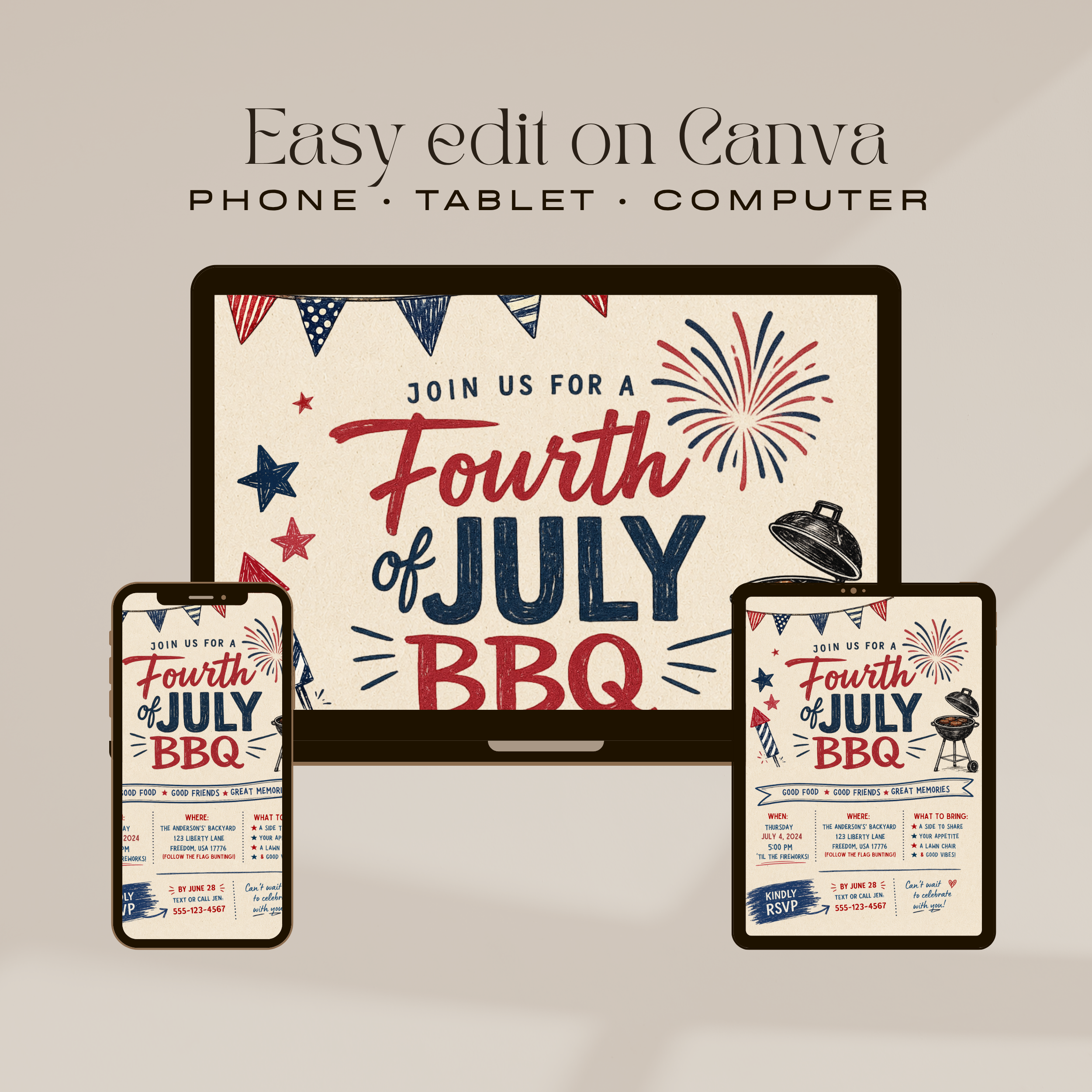 Fourth Of July BBQ Invitation | Editable Canva Template