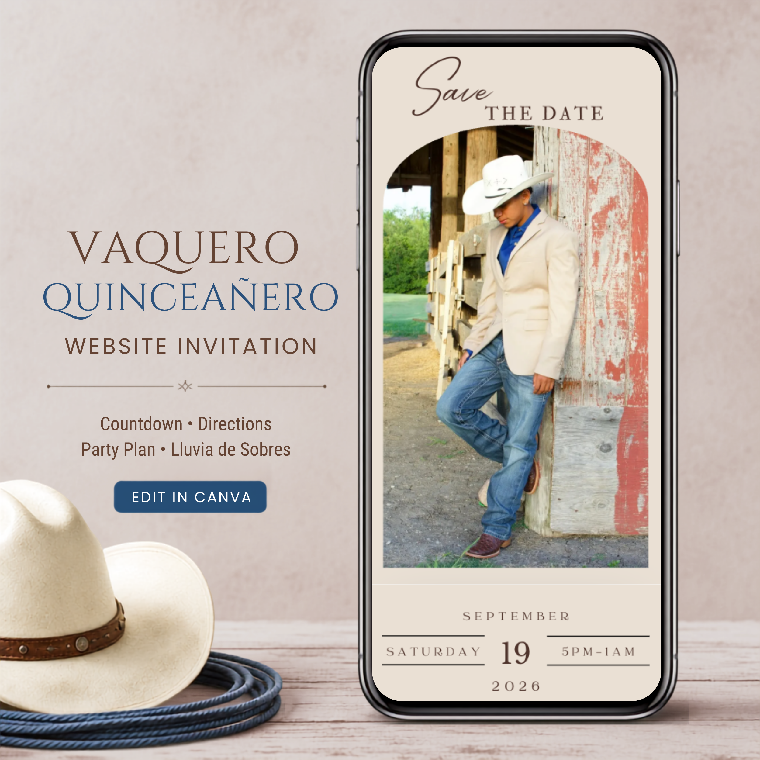 Vaquero Quinceañero Website Invitation | Editable Canva Template