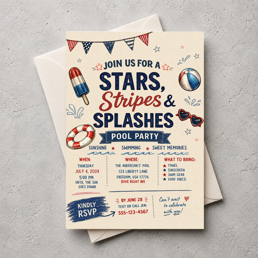 July 4th Pool Party Invitation | Editable Canva Template