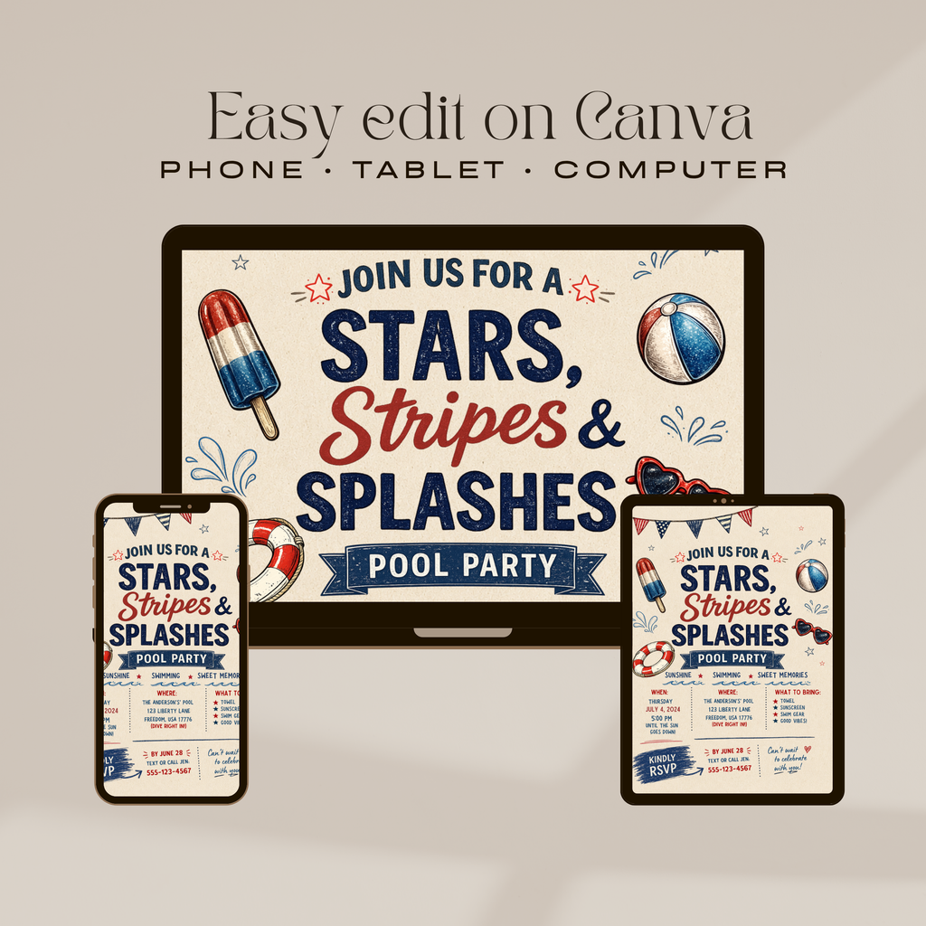 July 4th Pool Party Invitation | Editable Canva Template