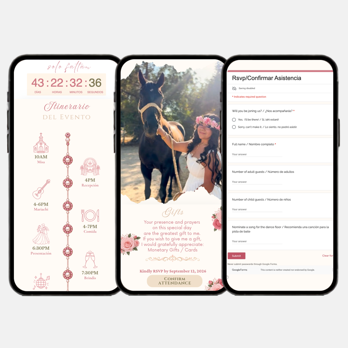 Blush, Ivory & Sage Quinceañera Interactive Invitation (English & Spanish)