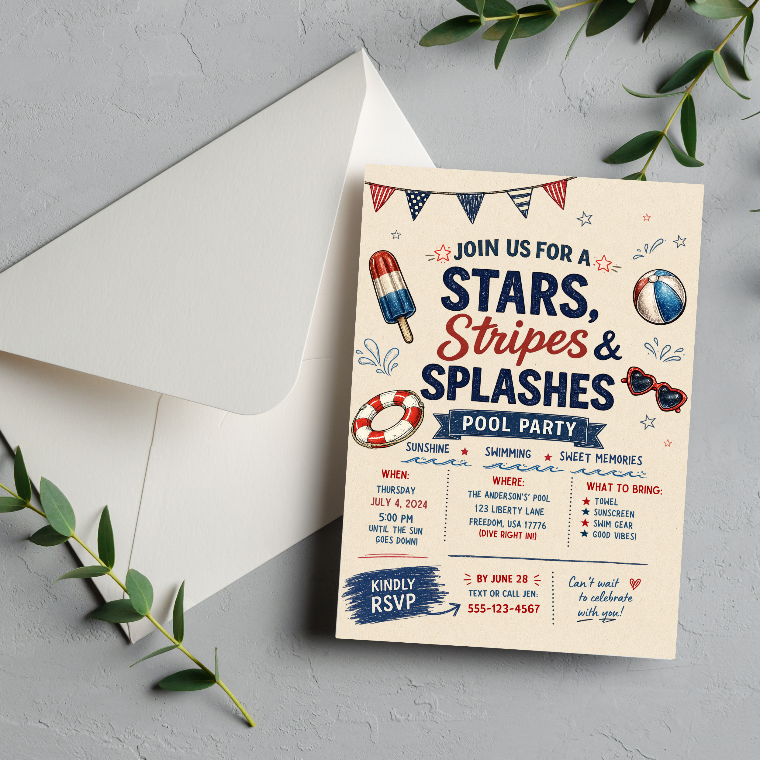 July 4th Pool Party Invitation | Editable Canva Template