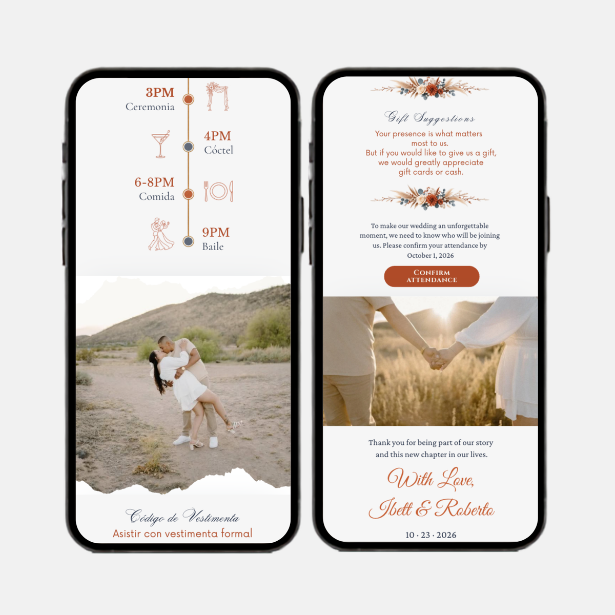 Burnt Orange & Navy Wedding Interactive Invitation (English & Spanish)