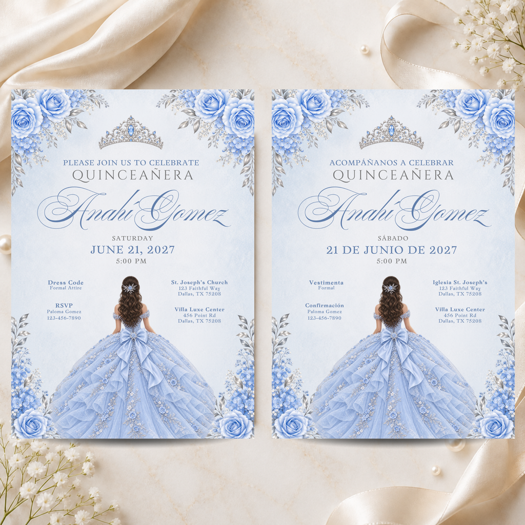 Icy Blue & Silver Quinceañera Invitation Bundle (English & Spanish)