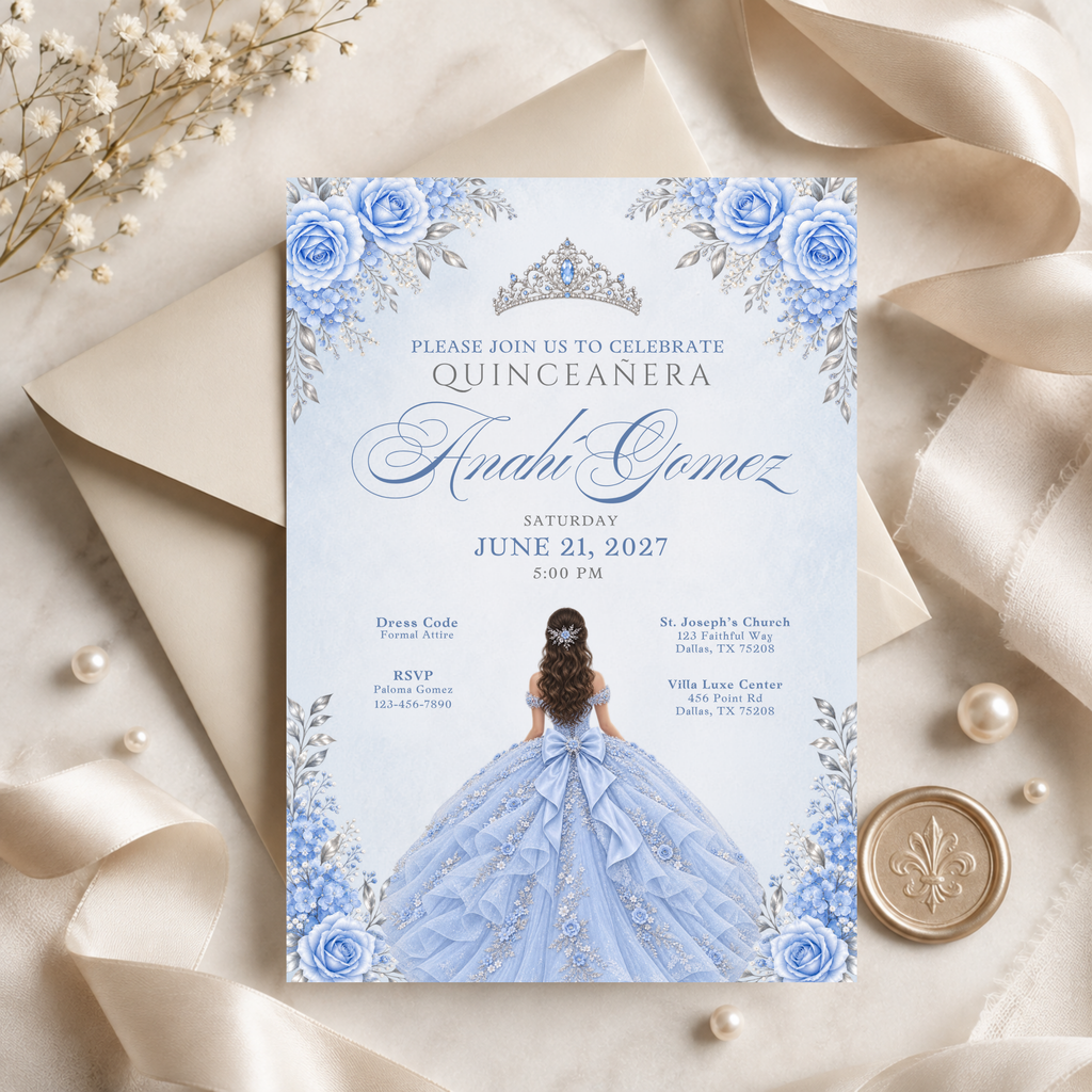 Icy Blue & Silver Quinceañera Invitation Bundle (English & Spanish)