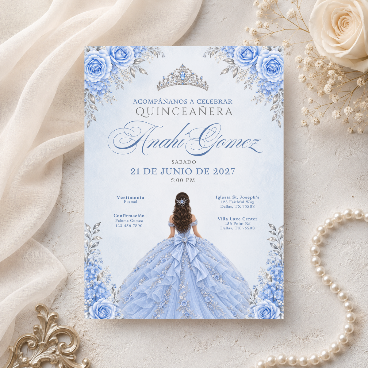 Icy Blue & Silver Quinceañera Invitation Bundle (English & Spanish)