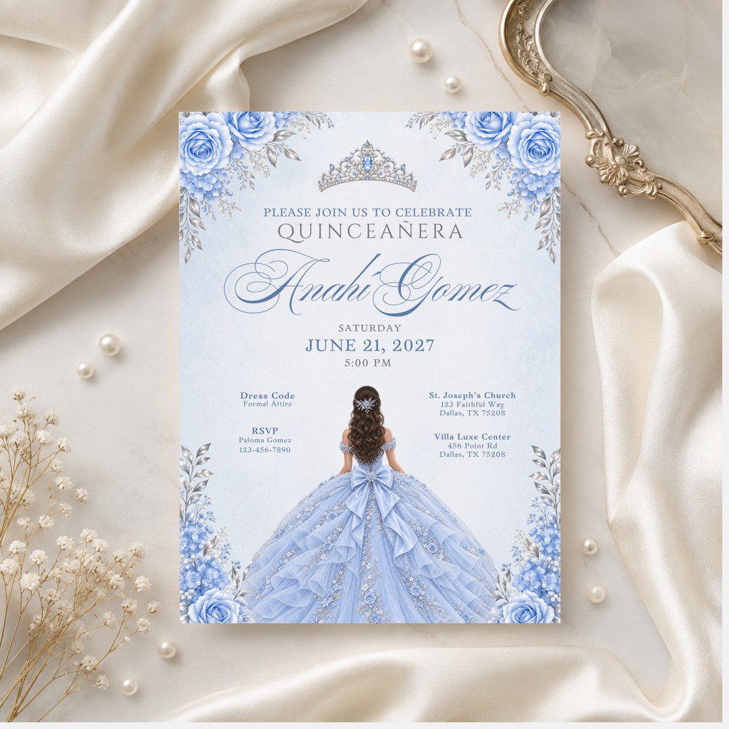 Icy Blue & Silver Quinceañera Invitation Bundle (English & Spanish)