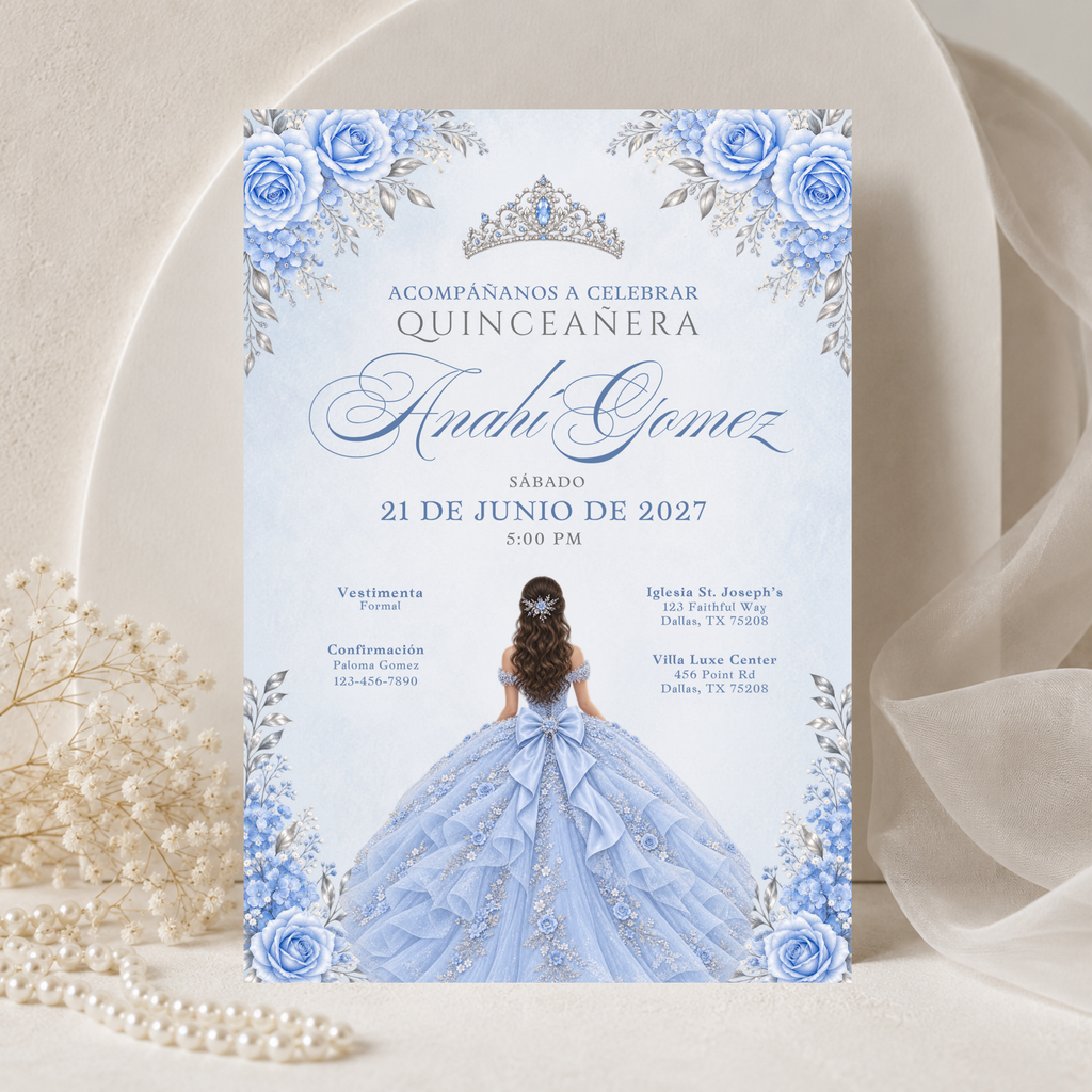 Icy Blue & Silver Quinceañera Invitation Bundle (English & Spanish)