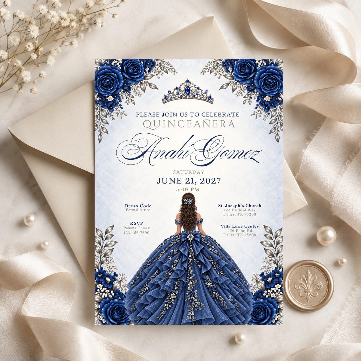 Navy Blue & Silver Quince Invitation Bundle (English & Spanish)