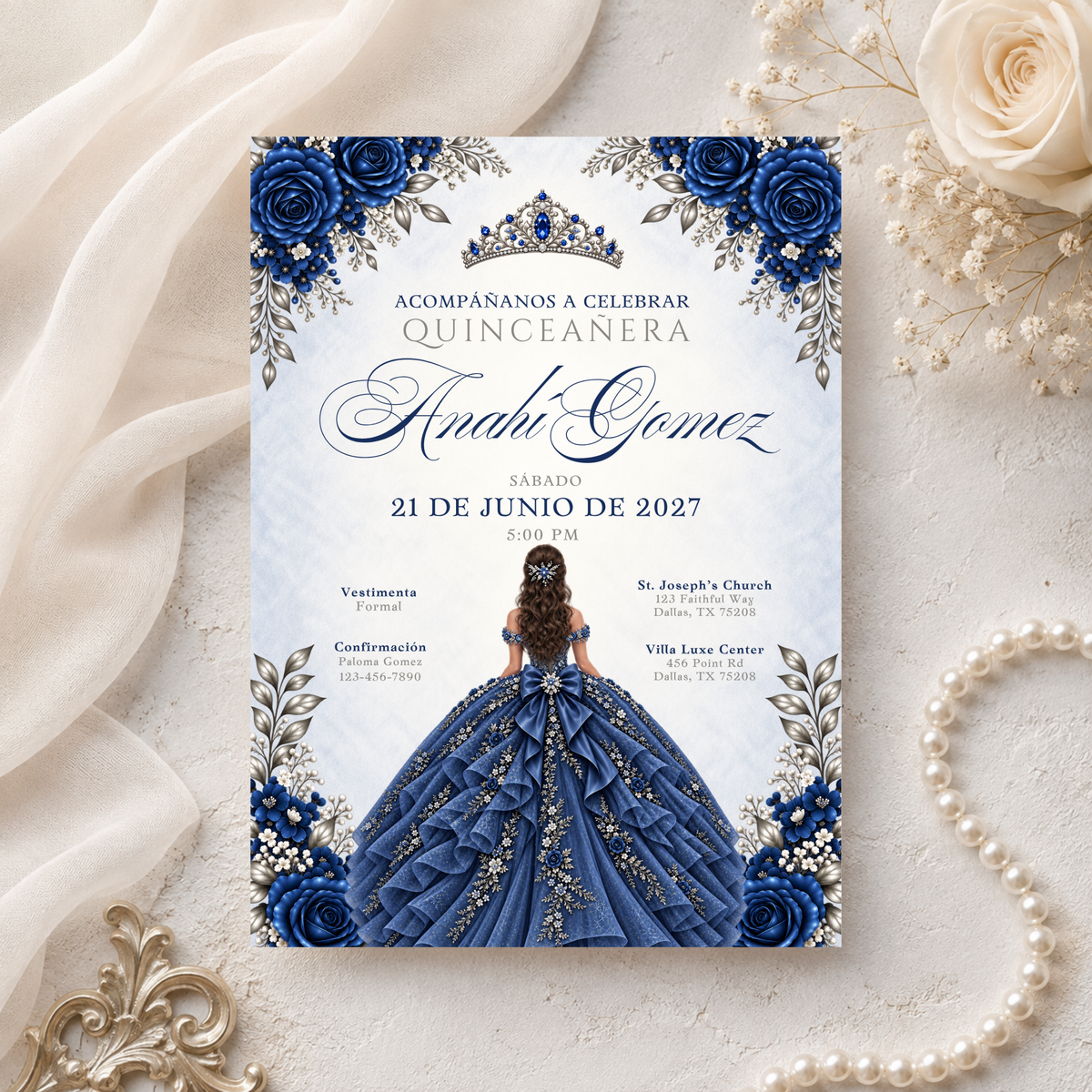 Navy Blue & Silver Quince Invitation Bundle (English & Spanish)