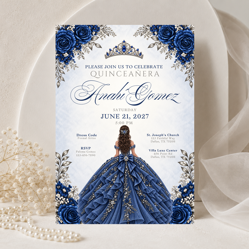 Navy Blue & Silver Quince Invitation Bundle (English & Spanish)