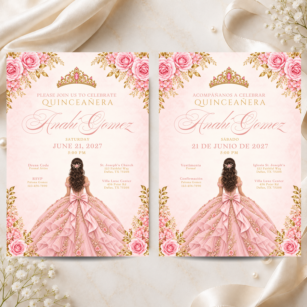 Pink & Gold Quince Invitation Bundle (English & Spanish)