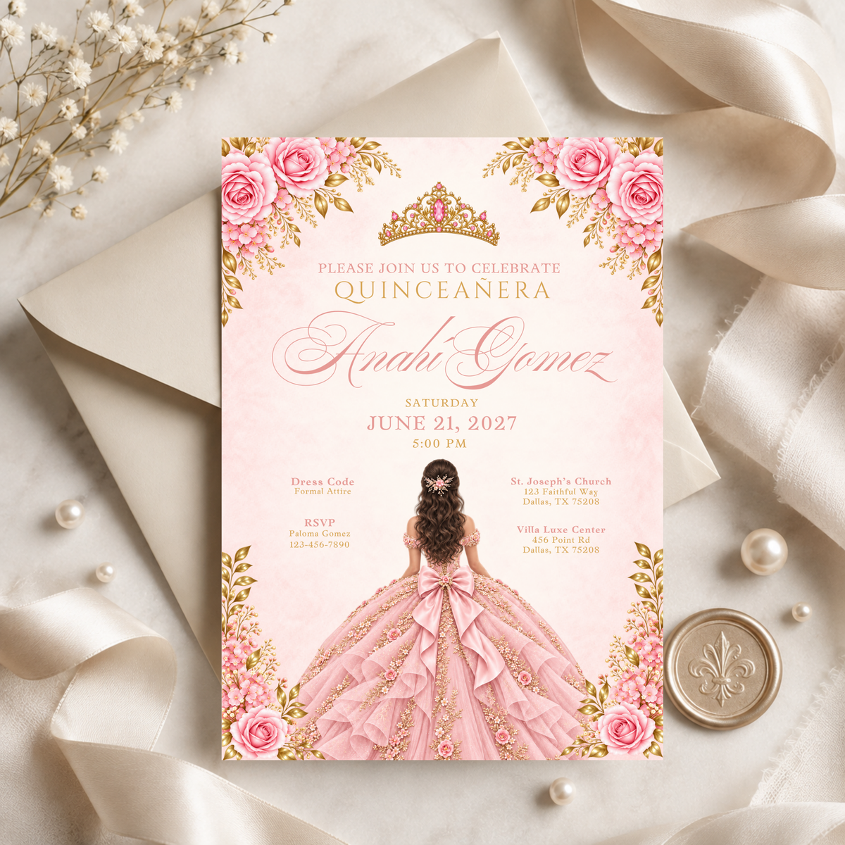 Pink & Gold Quince Invitation Bundle (English & Spanish)