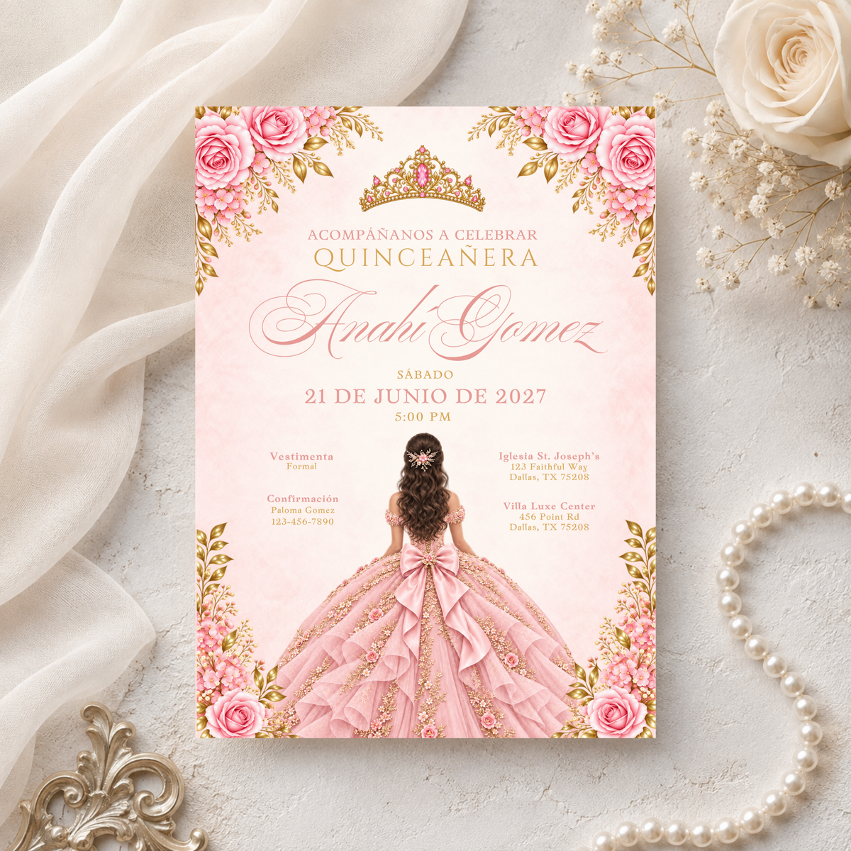 Pink & Gold Quince Invitation Bundle (English & Spanish)