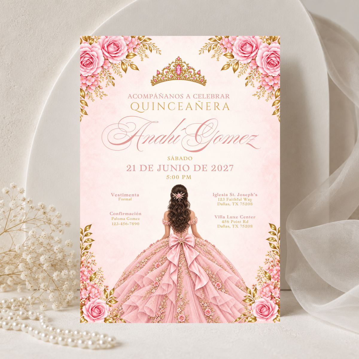 Pink & Gold Quince Invitation Bundle (English & Spanish)