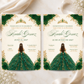 Emerald Green & Gold Quince Invitation Bundle (English & Spanish)