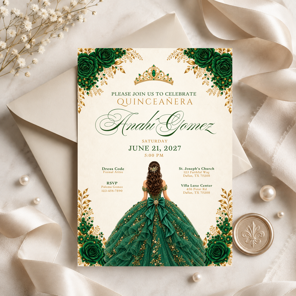 Emerald Green & Gold Quince Invitation Bundle (English & Spanish)