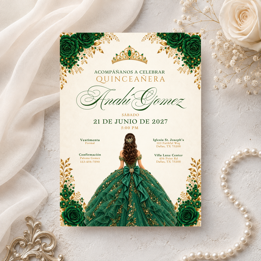 Emerald Green & Gold Quince Invitation Bundle (English & Spanish)