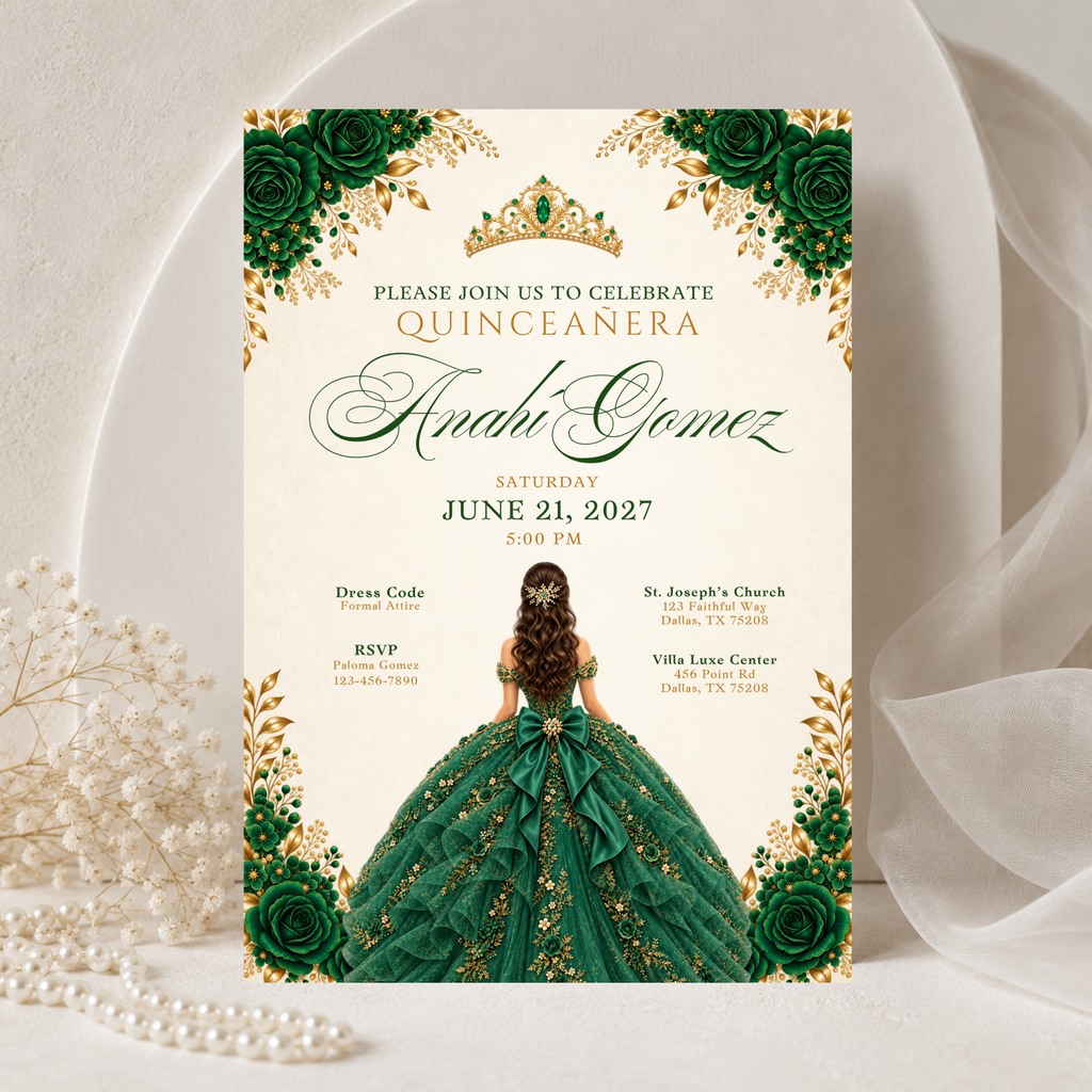 Emerald Green & Gold Quince Invitation Bundle (English & Spanish)