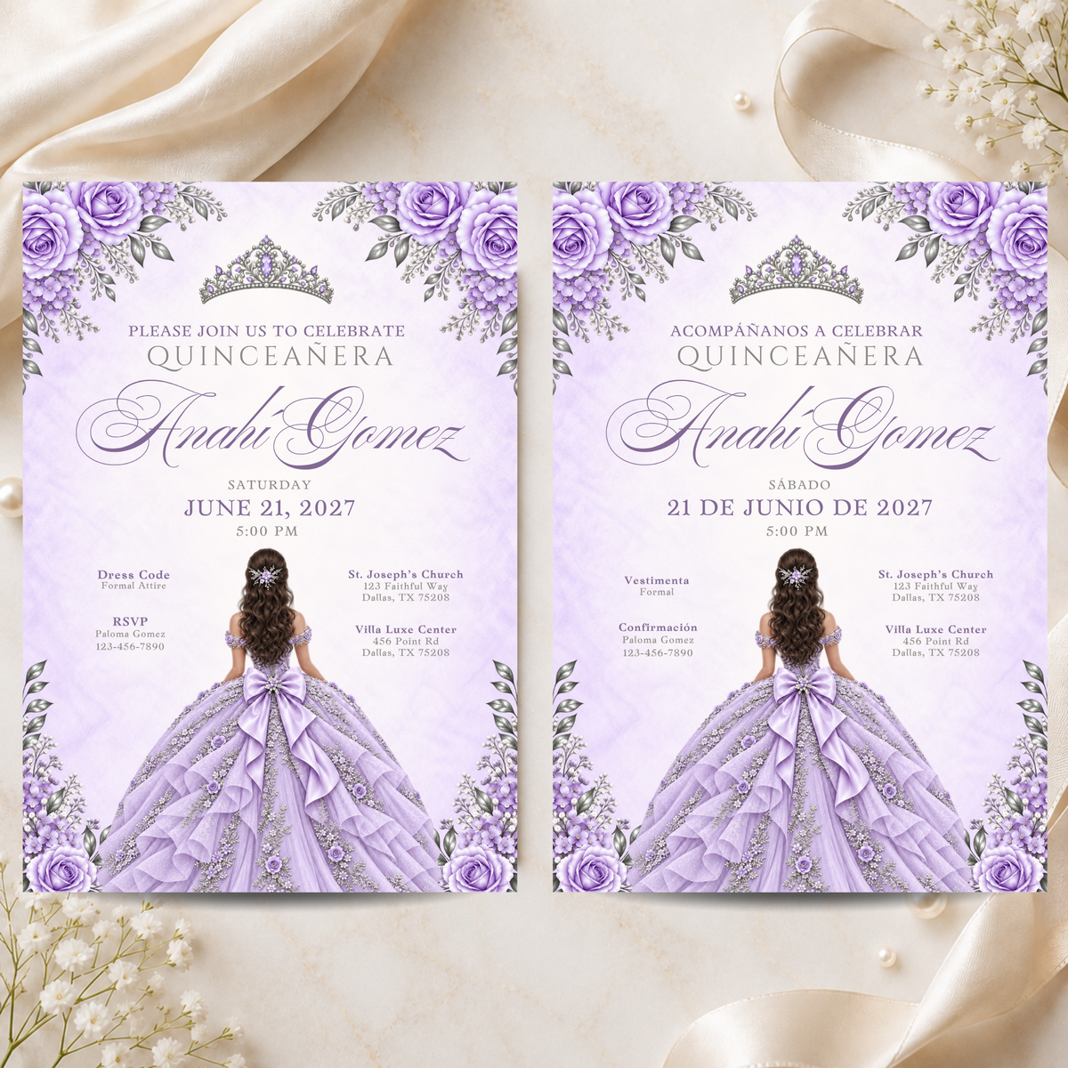 Lavender & Silver Quince Invitation Bundle (English & Spanish)