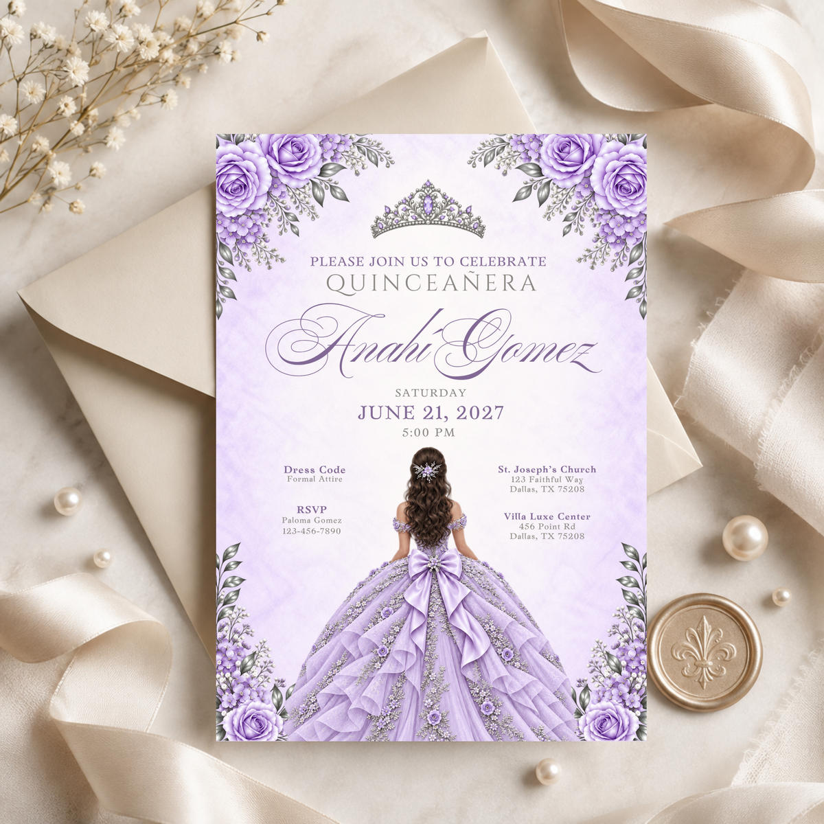 Lavender & Silver Quince Invitation Bundle (English & Spanish)