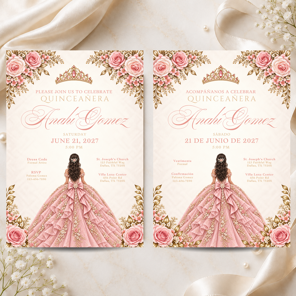 Champagne & Blush Quince Invitation Bundle (English & Spanish)