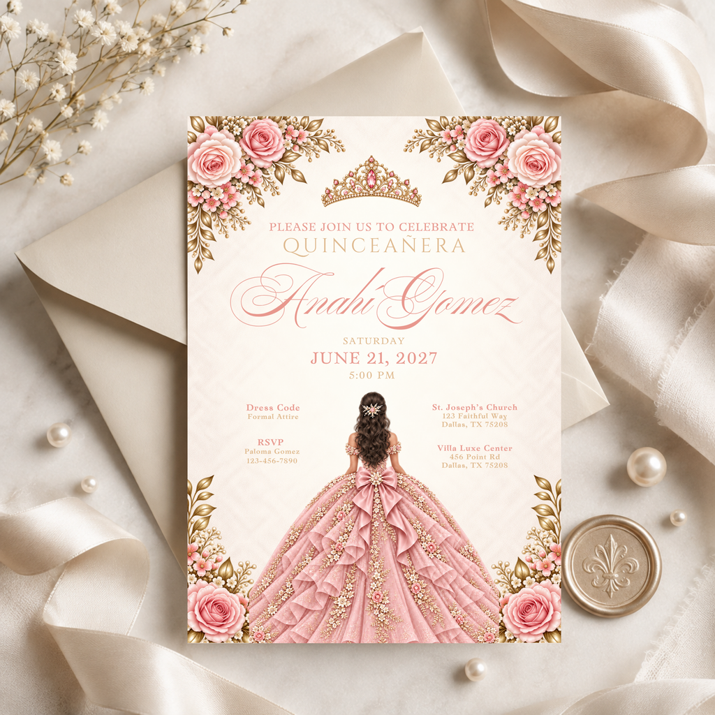 Champagne & Blush Quince Invitation Bundle (English & Spanish)