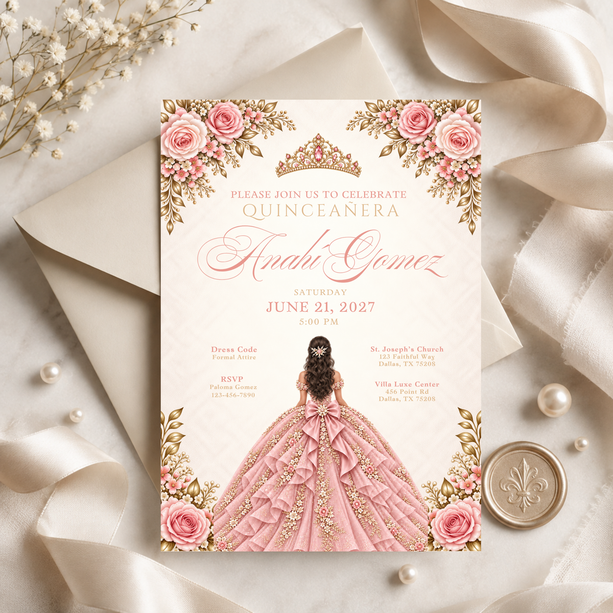 Champagne & Blush Quince Invitation Bundle (English & Spanish)