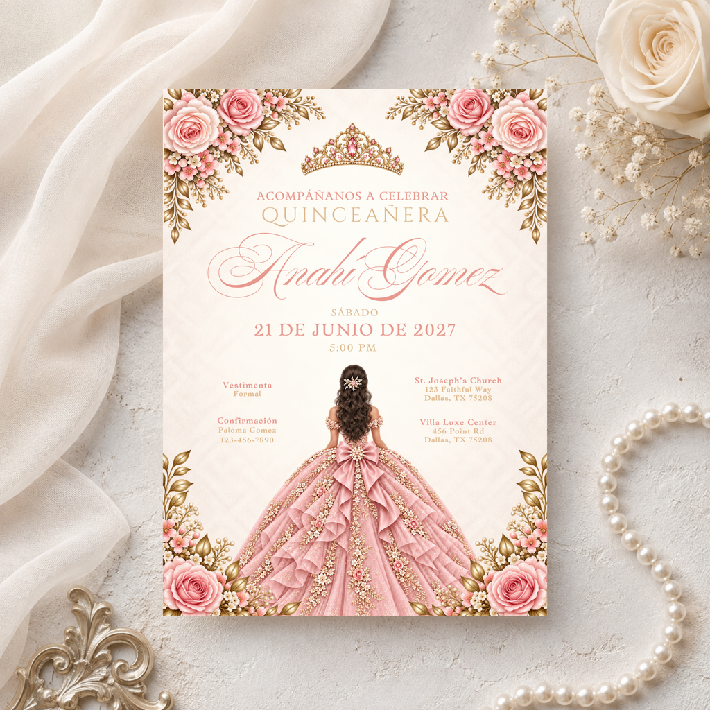 Champagne & Blush Quince Invitation Bundle (English & Spanish)