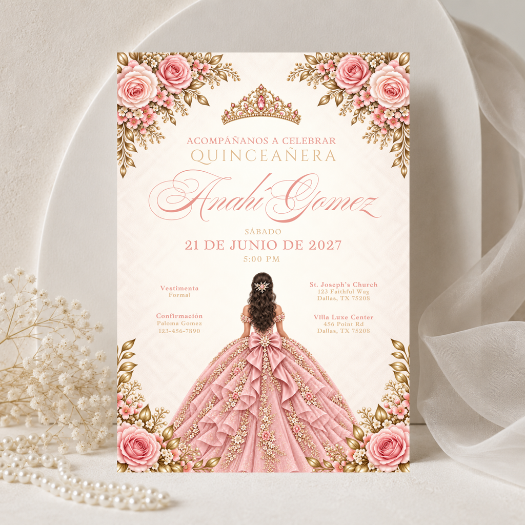 Champagne & Blush Quince Invitation Bundle (English & Spanish)