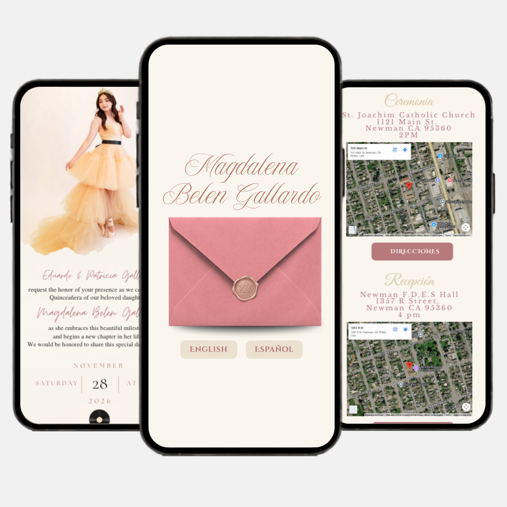 Champagne & Blush Quinceañera Interactive Invitation (English & Spanish)