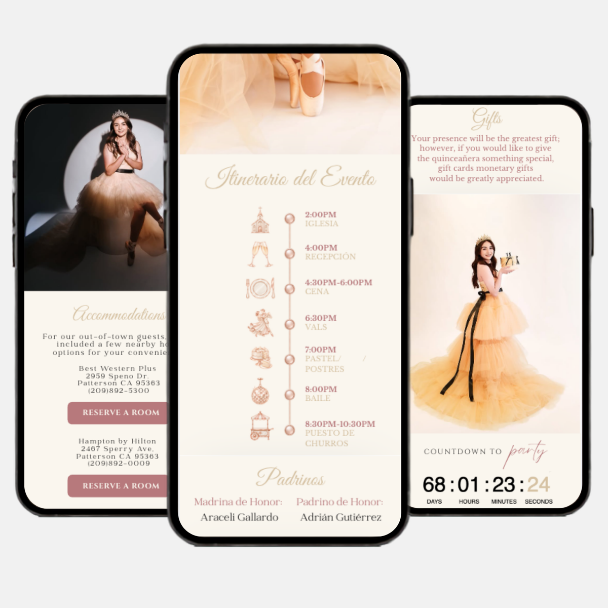 Champagne & Blush Quinceañera Interactive Invitation (English & Spanish)