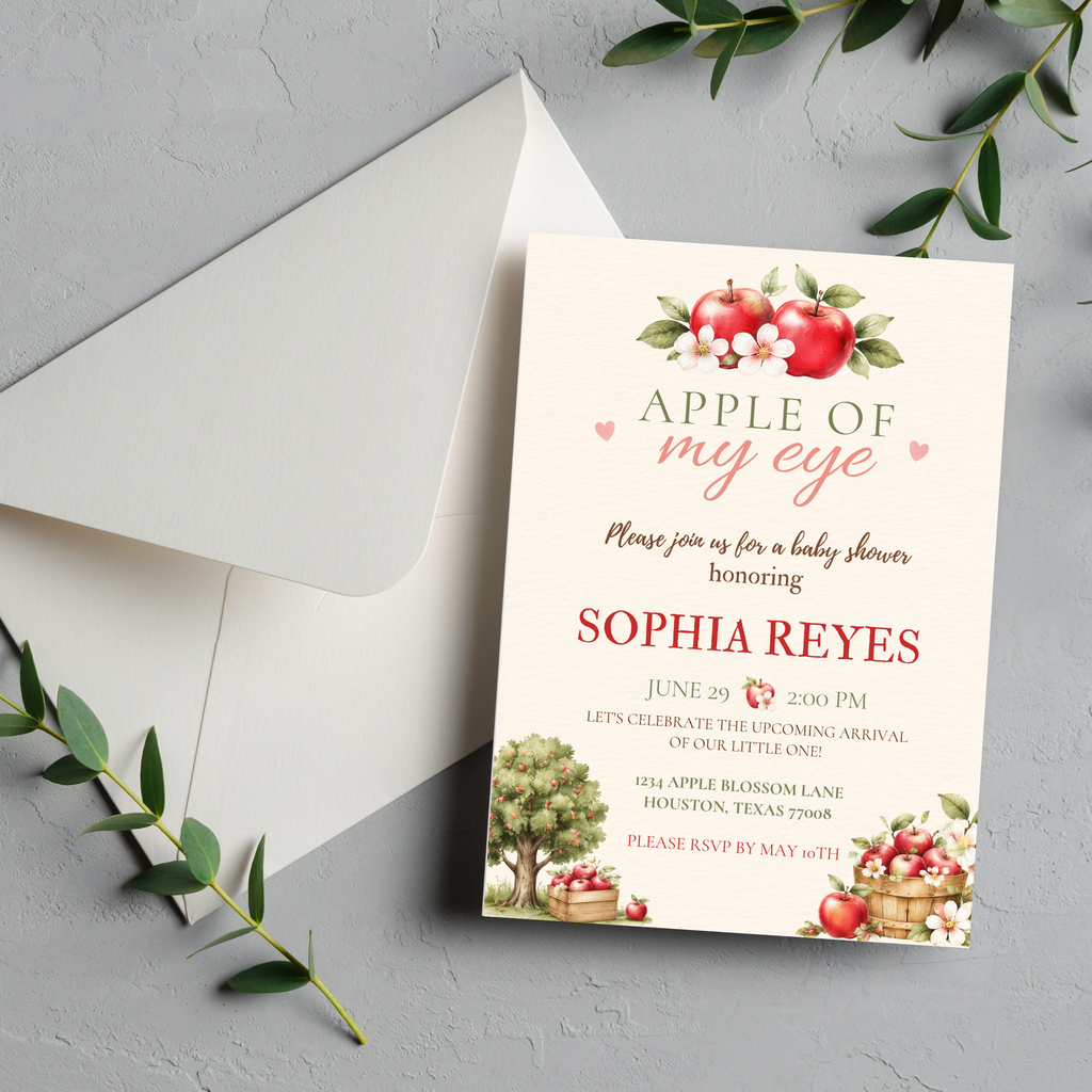 Apple Of My Eye Baby Shower Invitation | Editable Canva Template