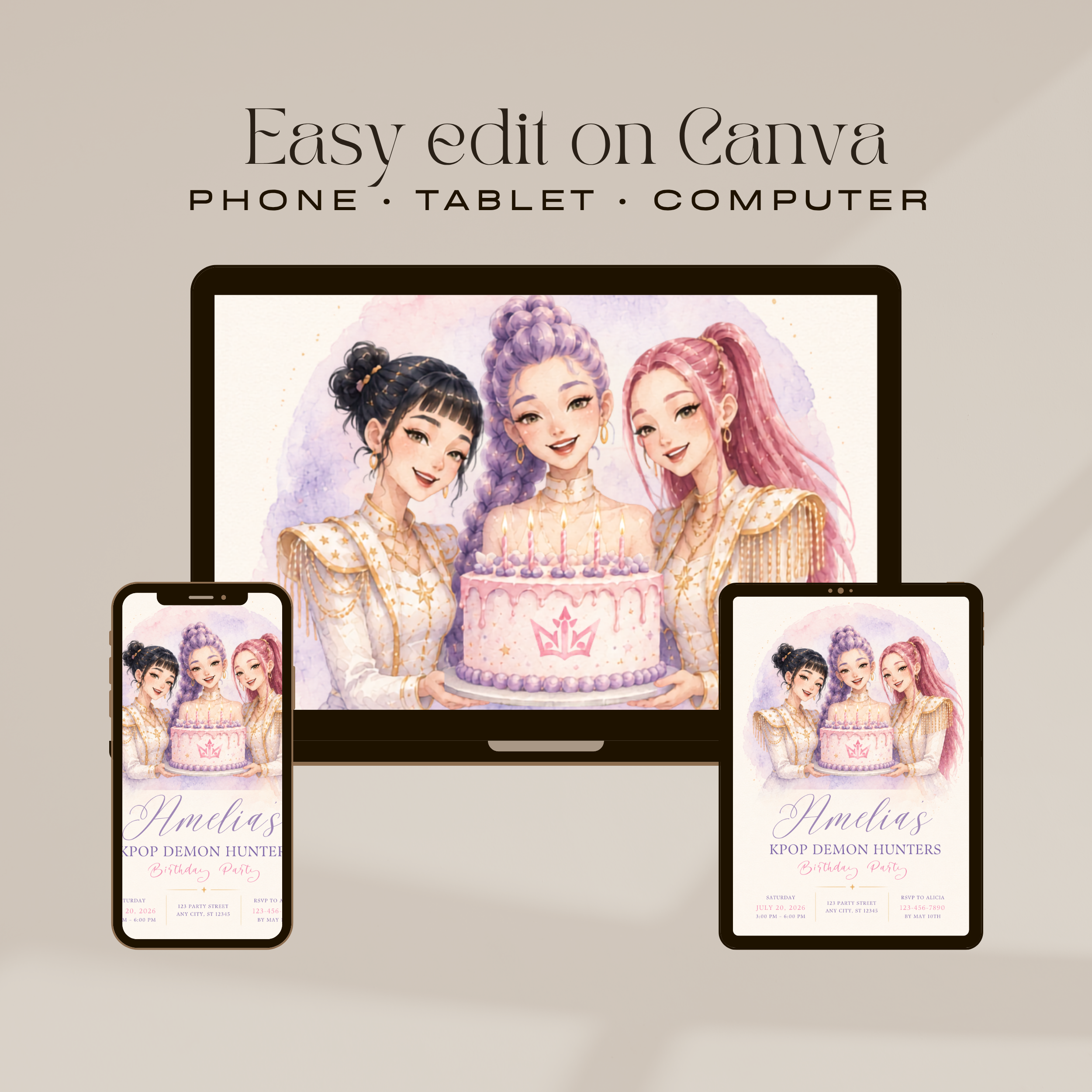 K-Pop Demon Hunters Birthday Party Invitation | Editable Canva Template