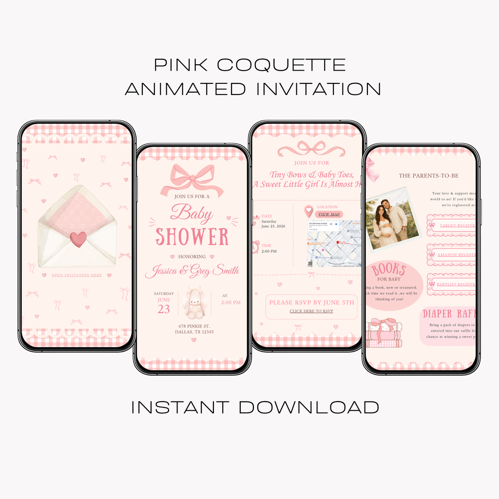 Pink Coquette Baby Shower Interactive Invitation | Editable Canva Template