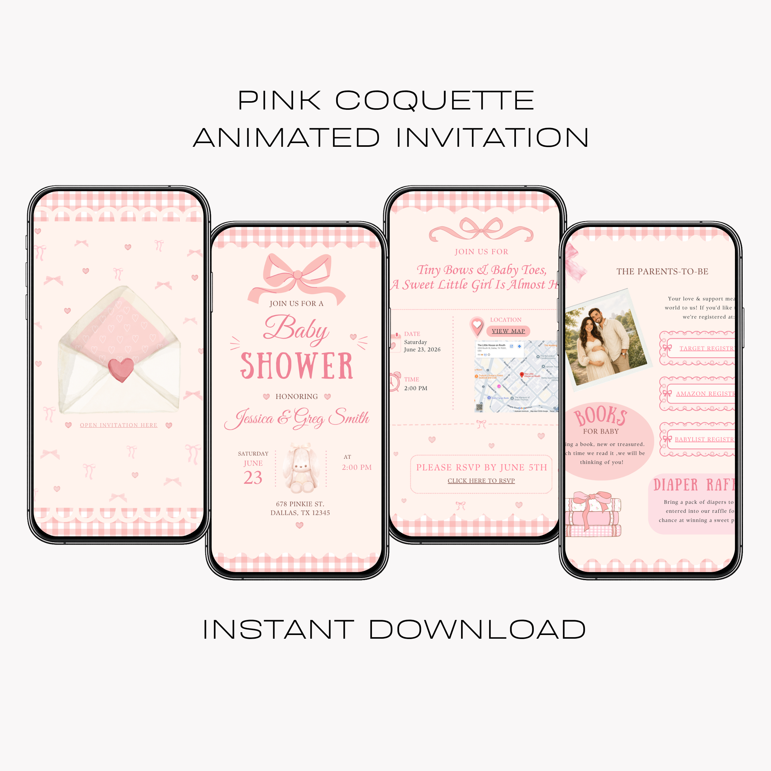 Pink Coquette Baby Shower Interactive Invitation | Editable Canva Template