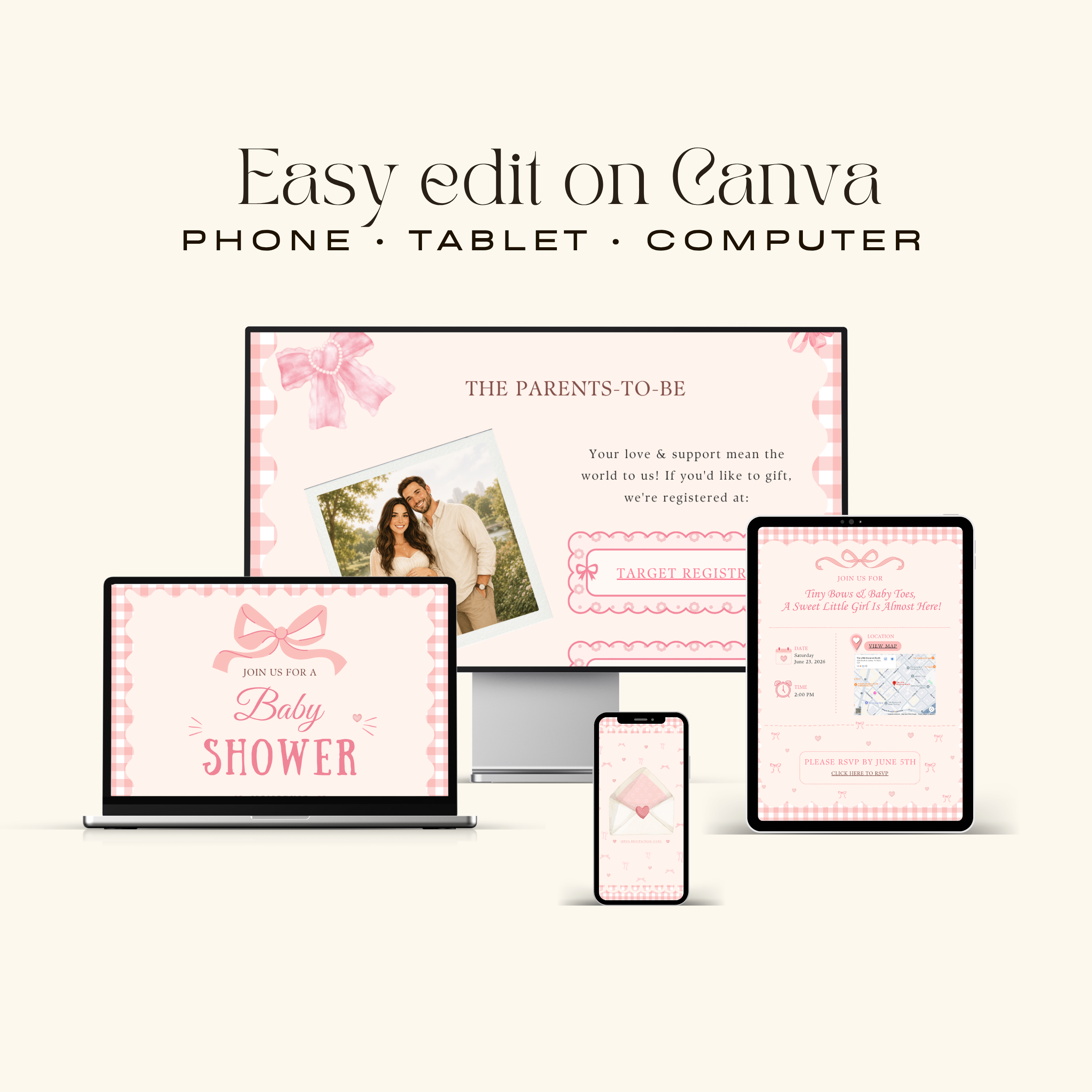 Pink Coquette Baby Shower Interactive Invitation | Editable Canva Template